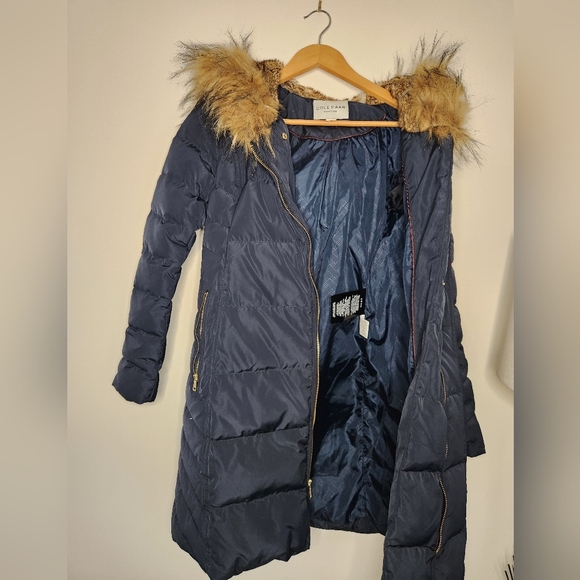 Cole Haan Navy Puffer Jacket with Fur Trim - Picture 16 of 16